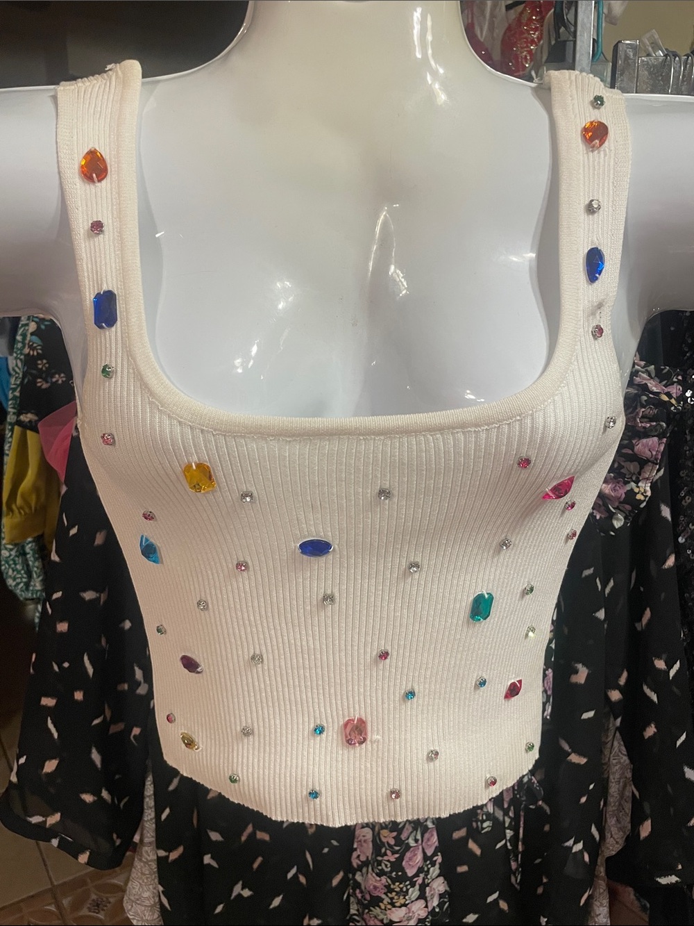 Cream Ribbed Gem-Embellished Cropped Tank Top